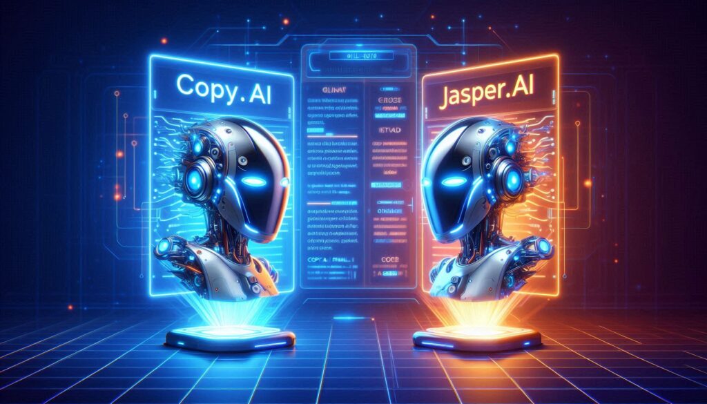 Copy.ai vs Jasper.ai comparison illustration with futuristic AI robots