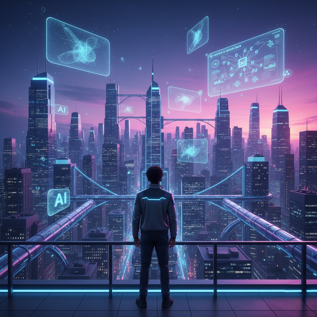 Jasper overlooking a glowing futuristic city skyline symbolizing the future of AI writing and creative innovation.