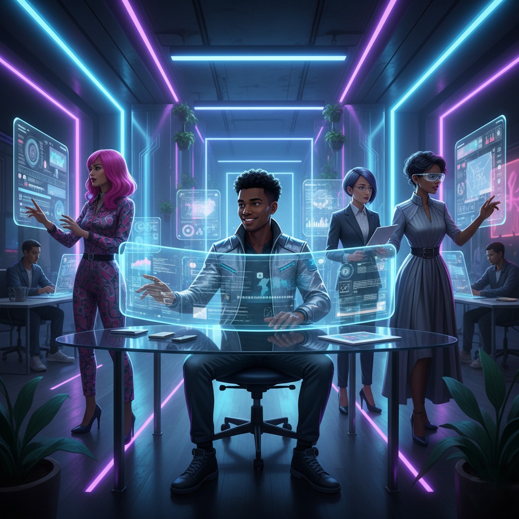 Jasper assisting a blogger, marketer, and business owner in a digital coworking environment with holographic screens and neon accents.