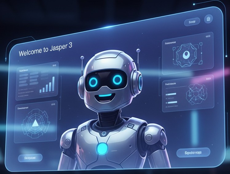 Jasper smiling beside a futuristic onboarding dashboard that says “Welcome to Jasper 3,” in a clean, glowing workspace.