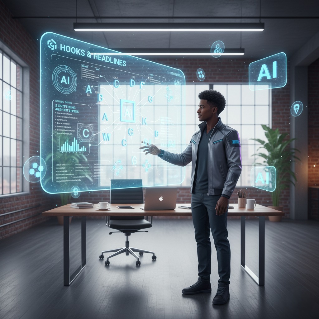 Jasper teaching AI writing tips using a holographic digital whiteboard in a modern tech environment.