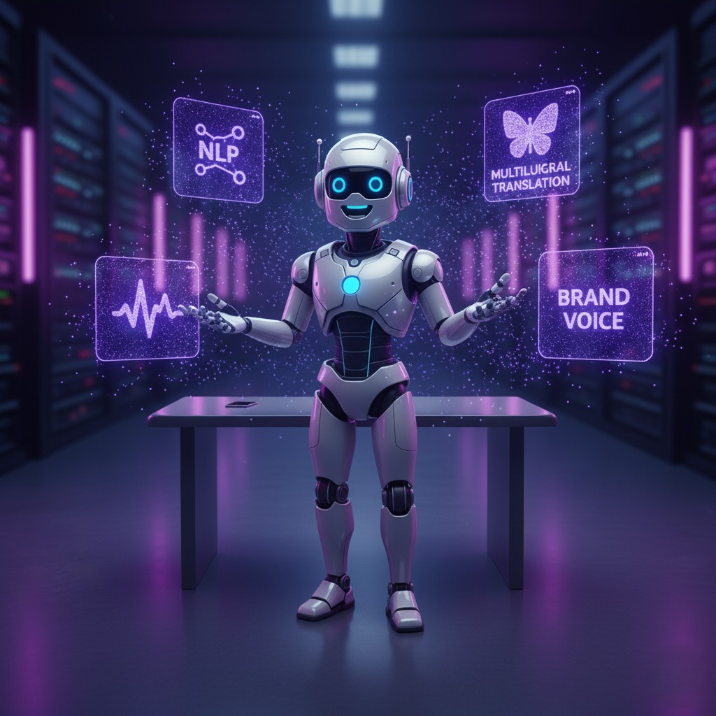 Jasper robot surrounded by floating holographic icons representing NLP, multilingual writing, and brand voice customization in a modern workspace.