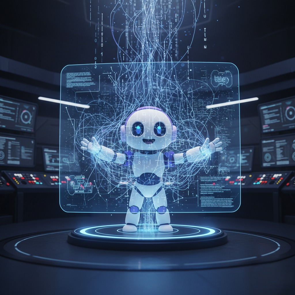 Jasper analyzing data through a holographic neural network with glowing digital lines and futuristic blue-violet background.