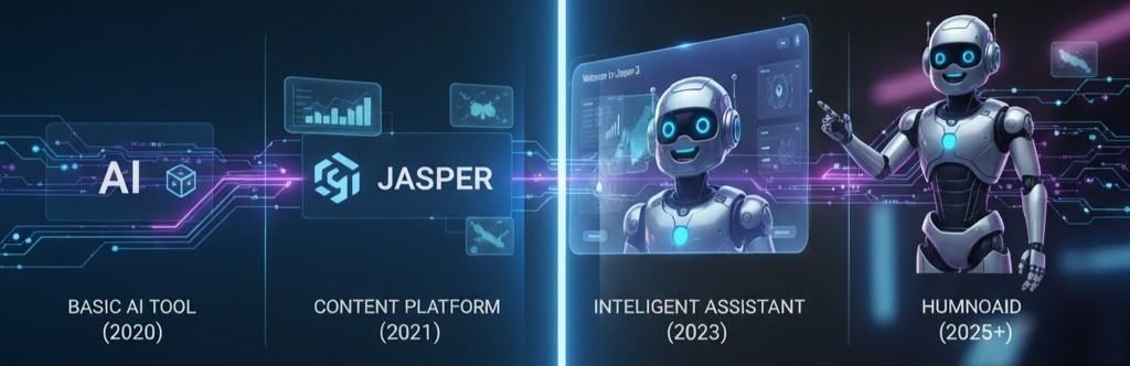 Digital timeline showing Jasper’s evolution from basic AI to advanced Jasper 3 with neon lights and futuristic interface elements.